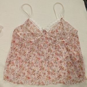 Stretchy Floral Mesh Camisole Tank w/Lace Detail